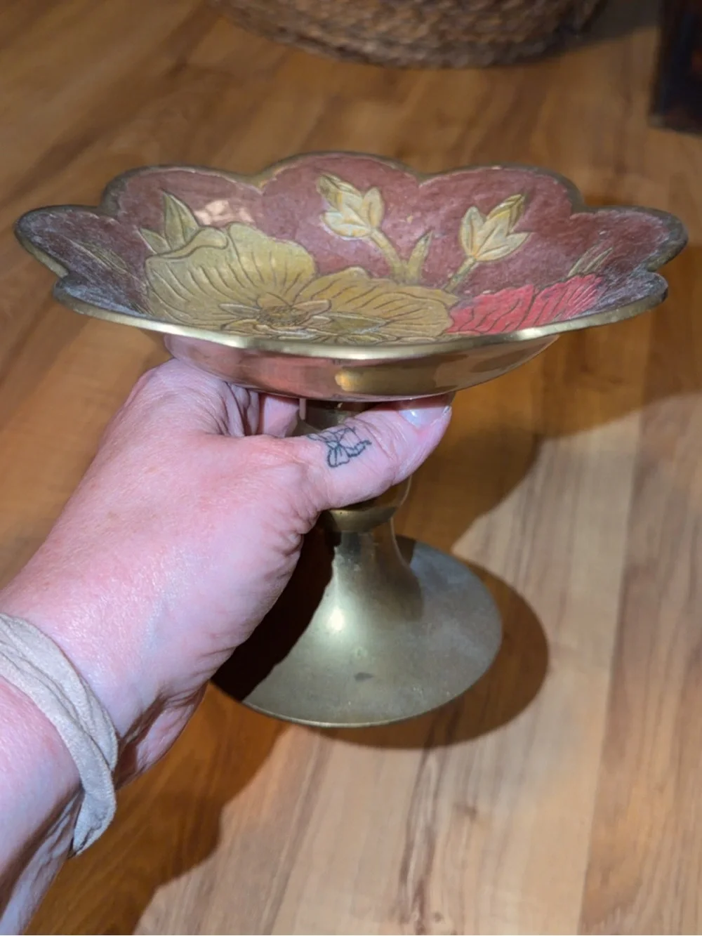 Vintage Enameled Brass Floral Scalloped Pedestal Bowl & Vase Set - Pink and Gold